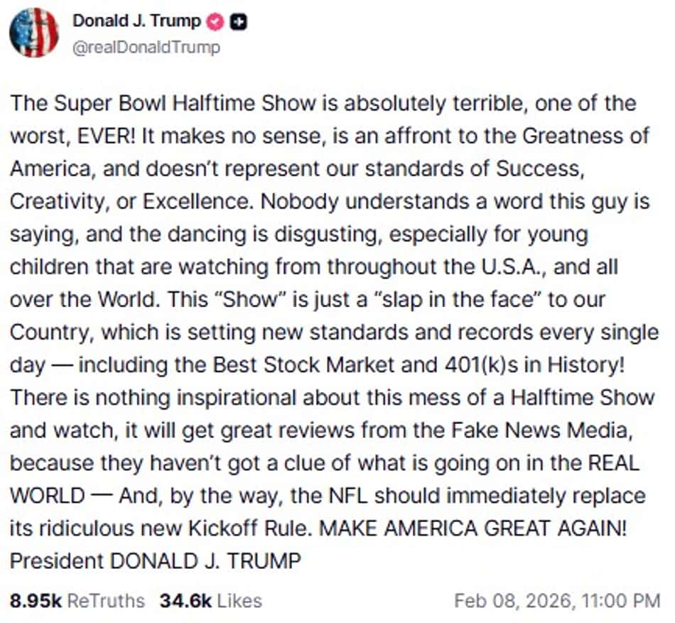 Presidente norte-americano Donald Trump criticando duramente o show do Bad Bunny (Foto: Captura de tela / Truth Social)