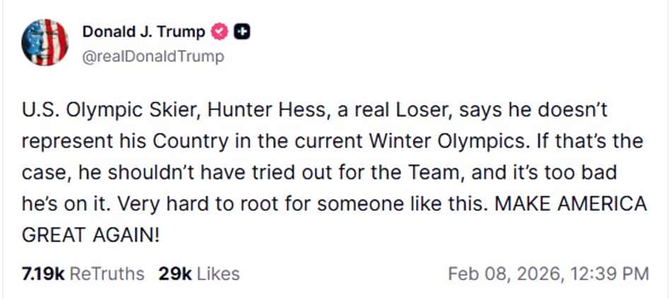 Presidente norte-americano Donald Trump criticando fala polêmica do esquiador Hunter Hess (Foto: Captura de tela / Truth Social)