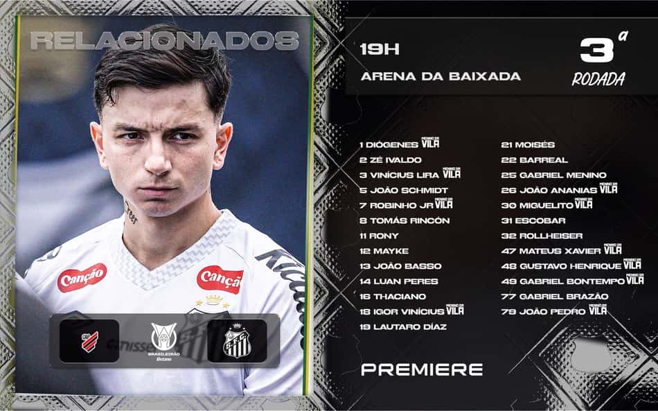 Santos divulga lista de relacionados para jogo contra o Athletico-PR. (Foto: Divulgação/ Santos FC)