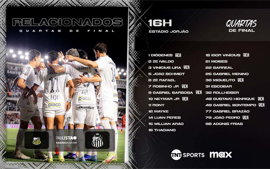 Santos divulga a lista de relacionados para a partida contra o Novorizontino. (Foto: Divulgação/ Santos FC)