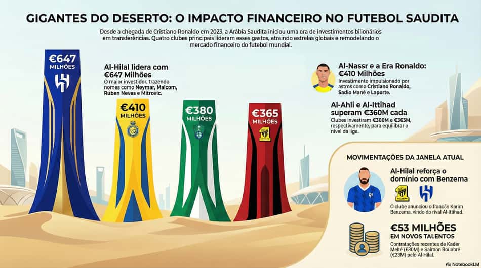 Diferenças de investimento entre Al-Nassr e rivais sauditas (Foto: NotebookLM)