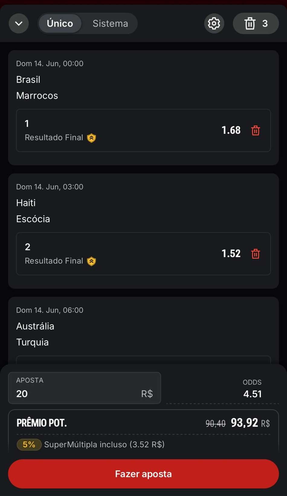 Captura da tela de aposta múltipla na Superbet.