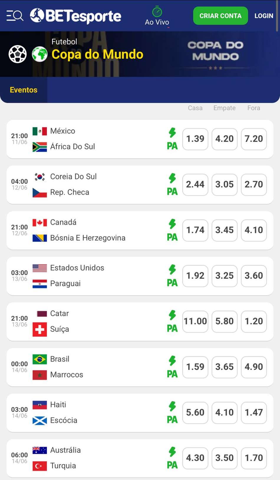Captura de tela mostra jogos com Pagamento Antecipado em apostas no futebol na BETesporte.