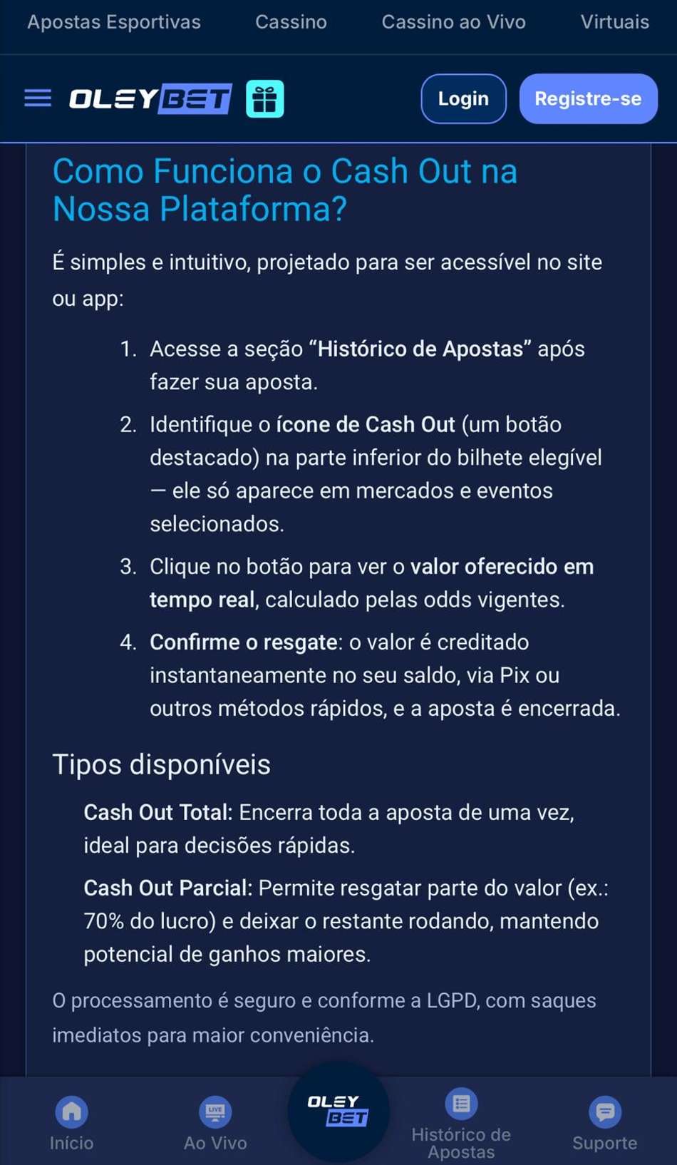Captura de tela mostra detalhes do Cash Out em apostas no futebol na Oleybet.