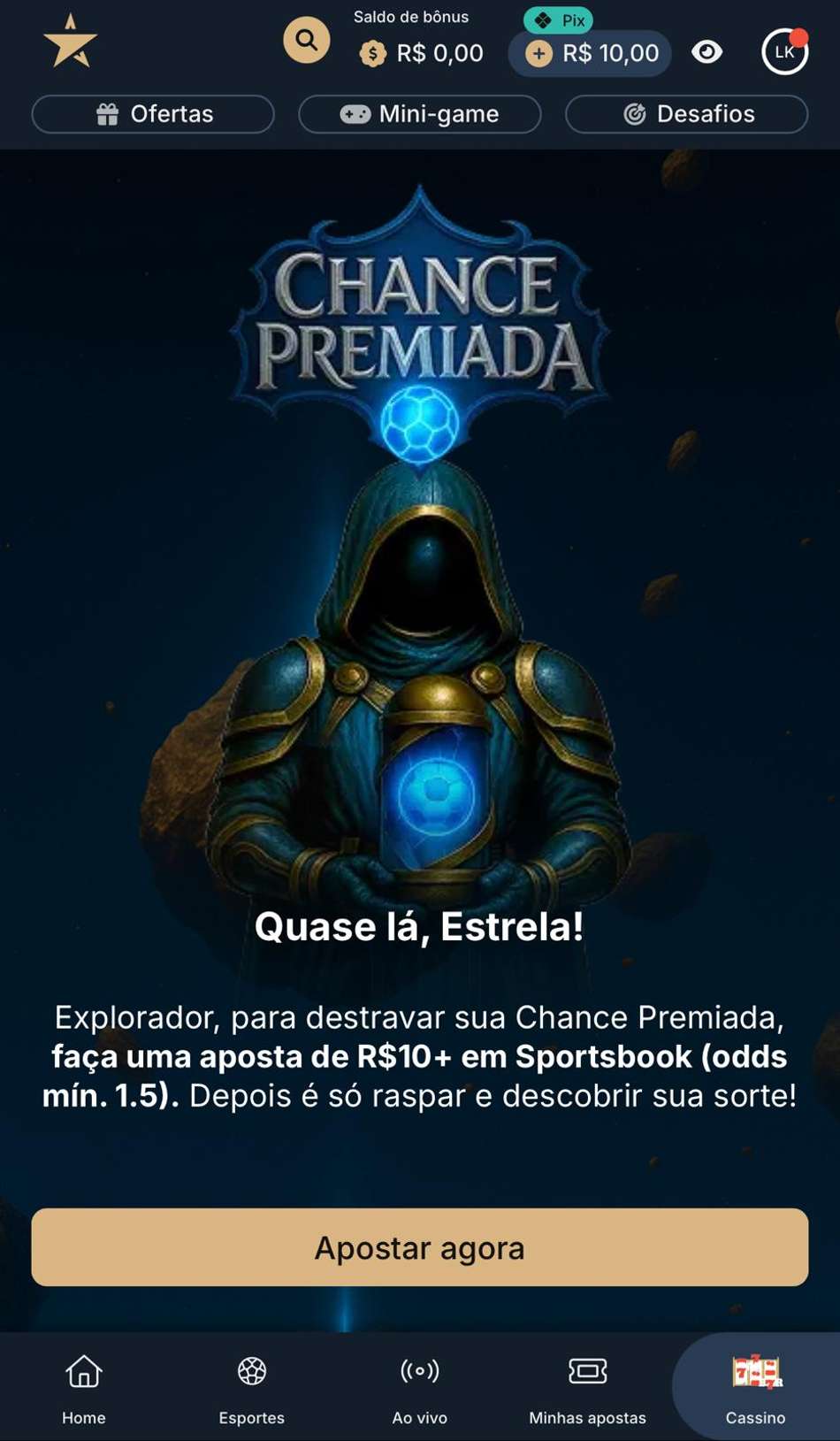 Captura de tela da Chance Premiada da Estrela Bet, uma das melhores plataformas para apostar na Libertadores.