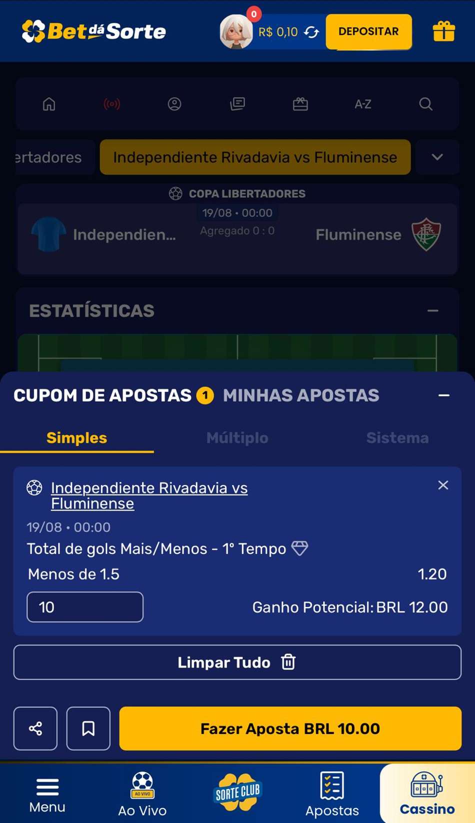 Captura de tela do cupom de apostas do app da Bet dá Sorte.