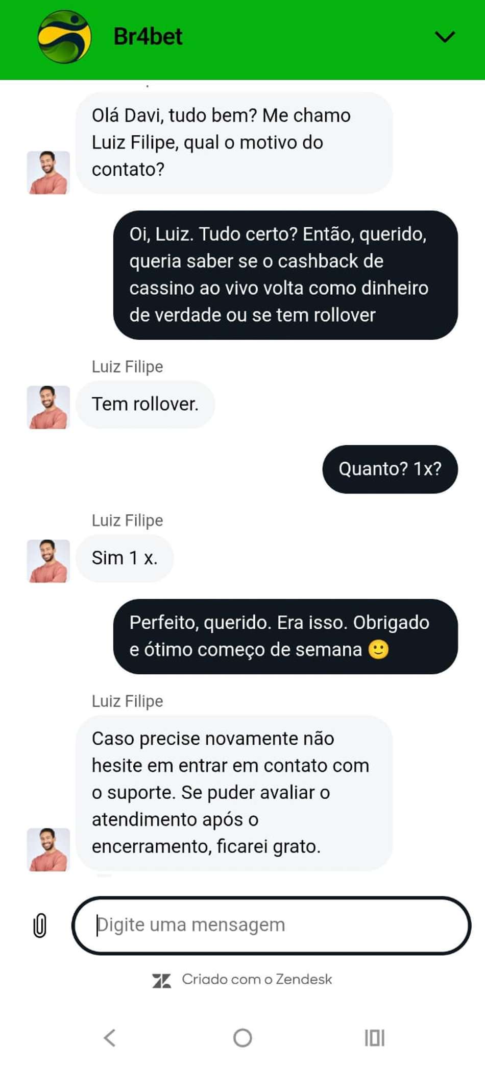 Captura de tela do atendimento da BR4BET.