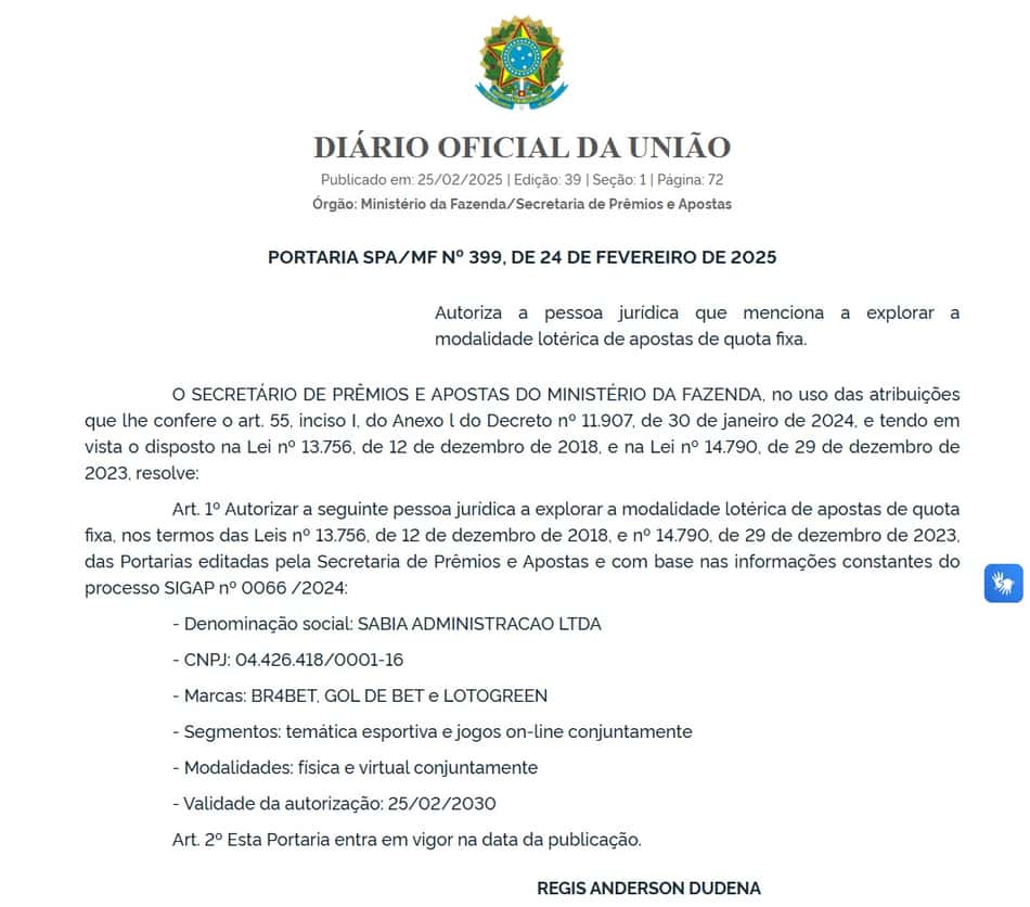 Captura de tela da Portaria nº 399/2025 que autoriza a BR4Bet.