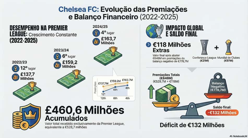 Com as premiações, o Chelsea possuí prejuízo de 132 milhões de euros (Foto: NotebookLM/IA)