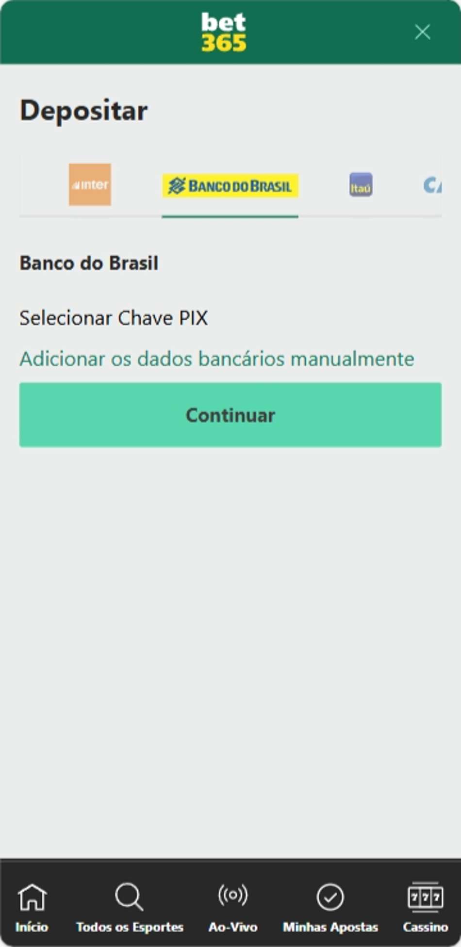 Depósito na bet365 via Pix pelo Banco do Brasil