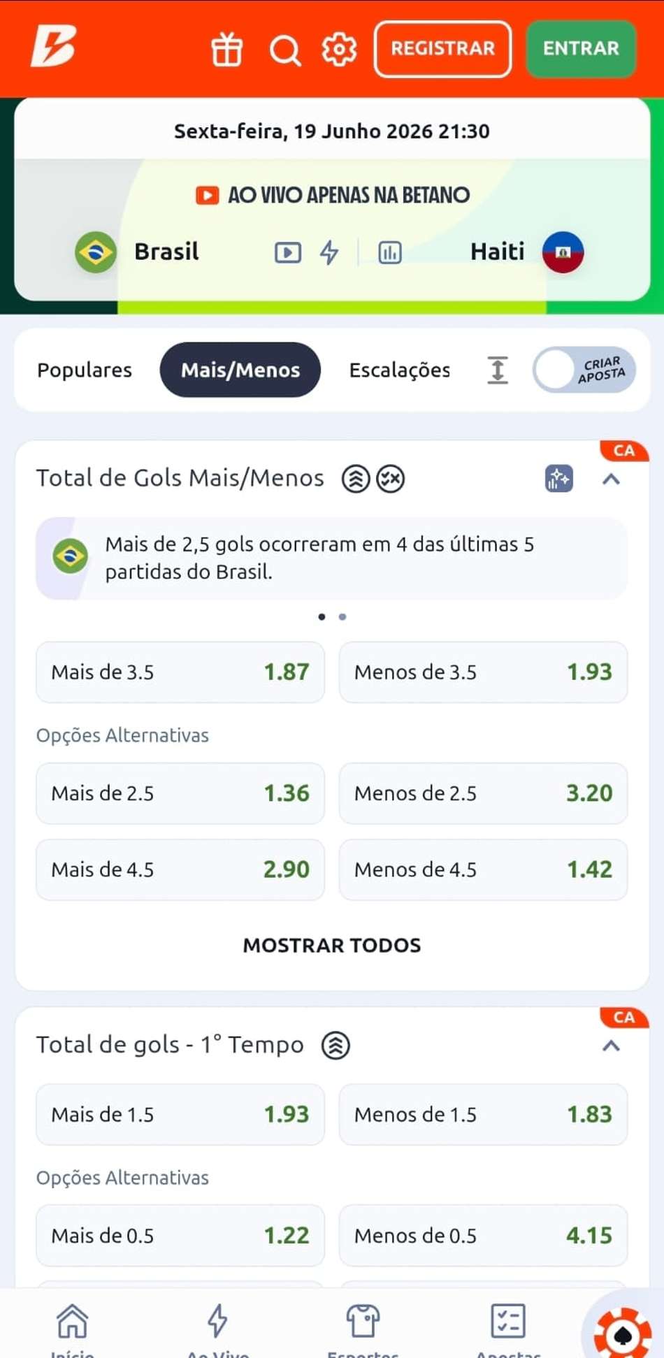 Captura de tela das apostas em Total de Gols na Betano na Copa do Mundo.
