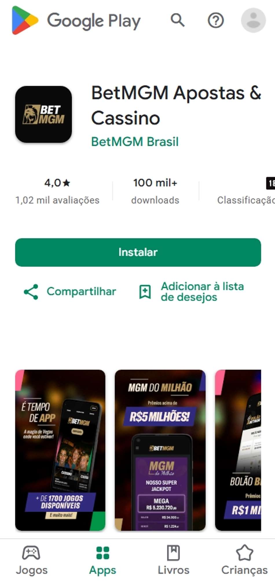 Aplicativo BetMGM Apostas e Cassino disponível para download na Google Play Store