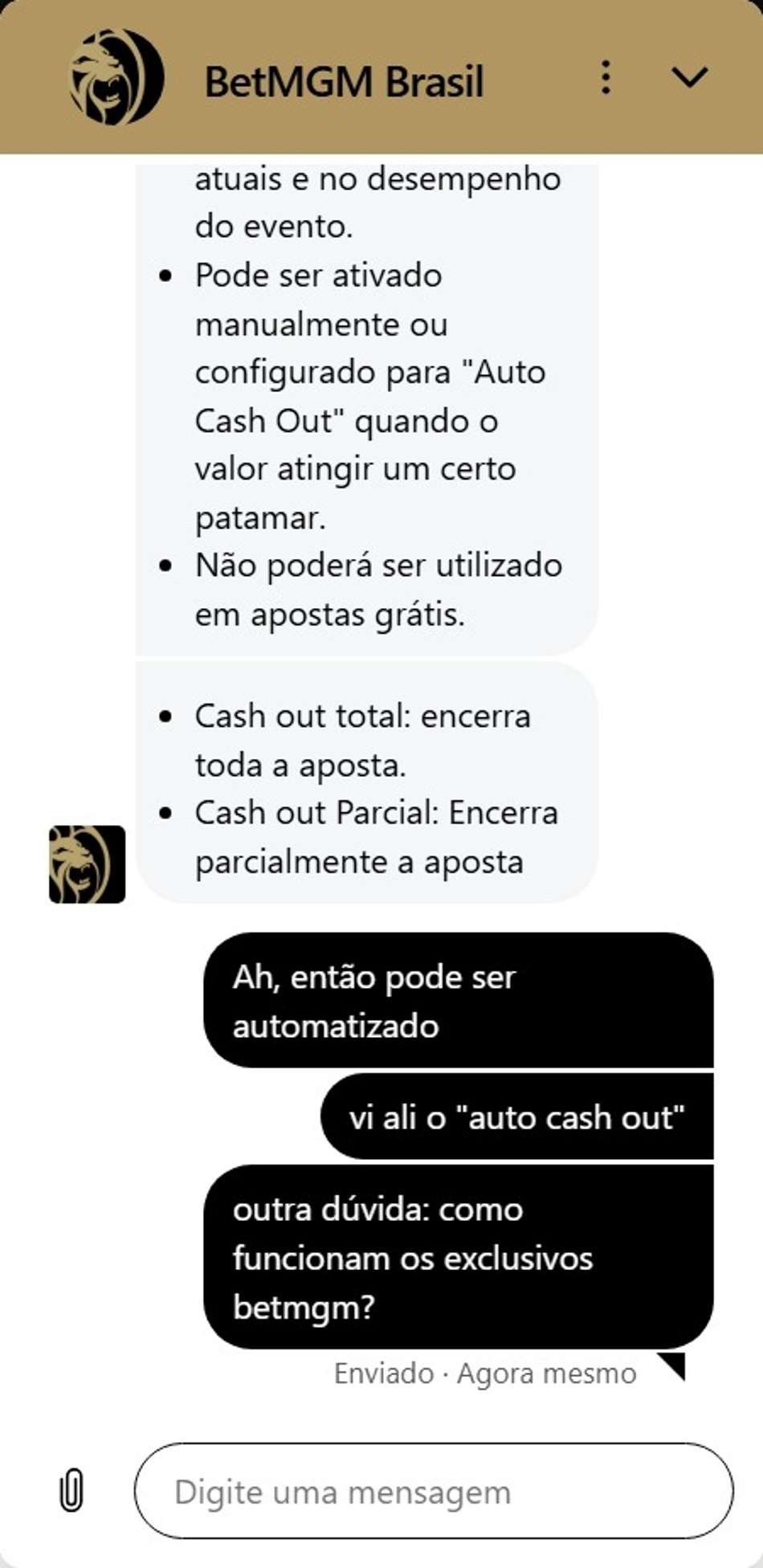 Atendimento via BetMGM explicando o cash out