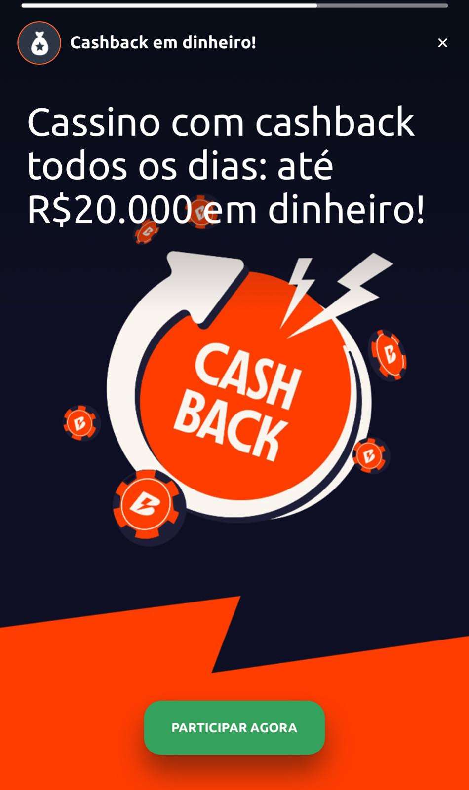 Captura de tela da promoção de cashback de cassino da Betano.
