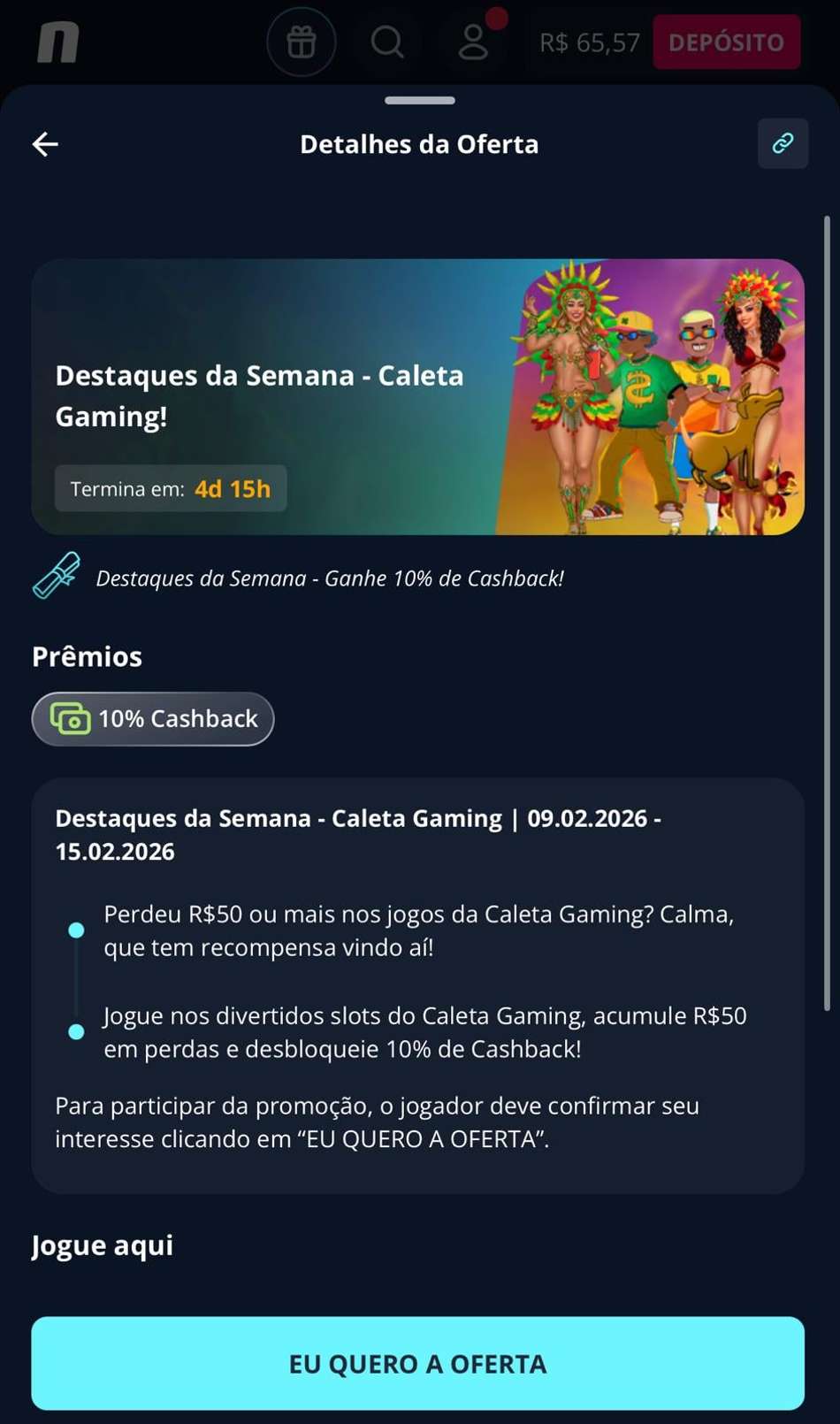 Captura da tela de cashback em cassino na Novibet.