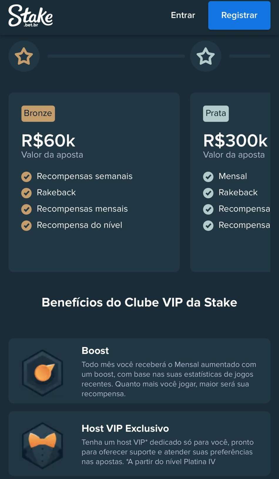 Captura de tela do clube VIP com cashback de cassino da Stake.
