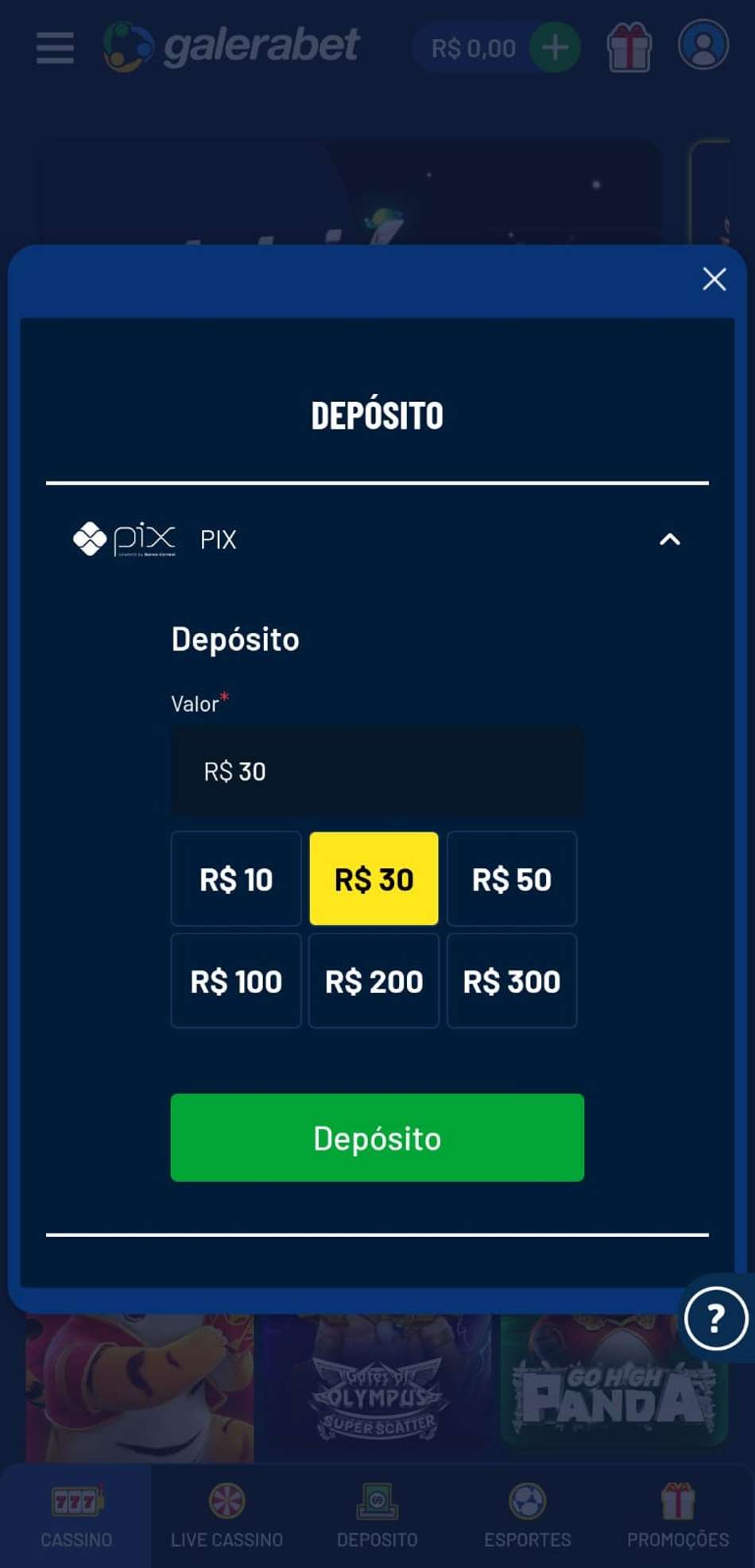 Página de depósito na Galera bet com mínimo de R$10