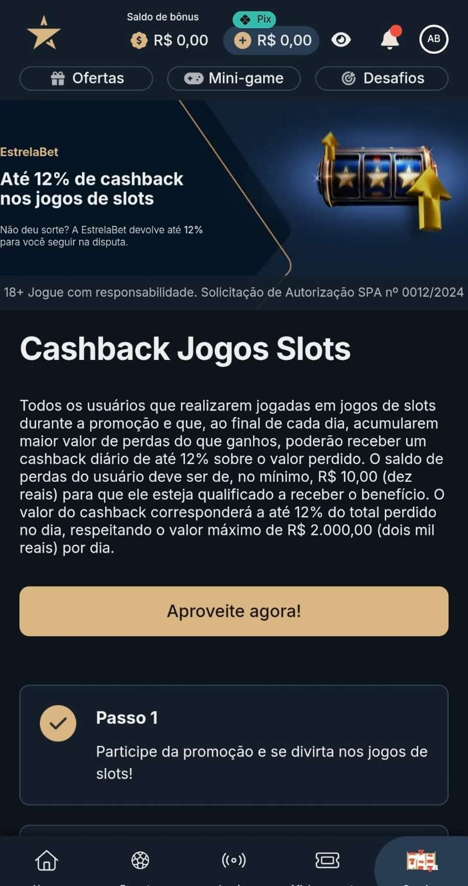 Captura de tela da página de cashback de 12% nos slots da Estrela bet.