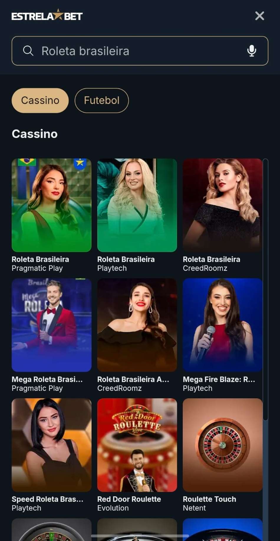 Captura de tela dos jogos de roleta brasileira disponíveis no cassino da Estrela bet.