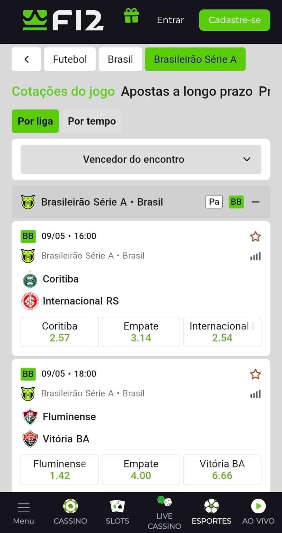 Captura de tela da página inicial da F12 Bet com combinações de apostas populares.