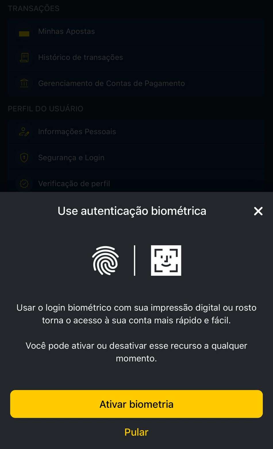 Captura da tela de ativação de biometria e reconhecimento facial na GingaBet.