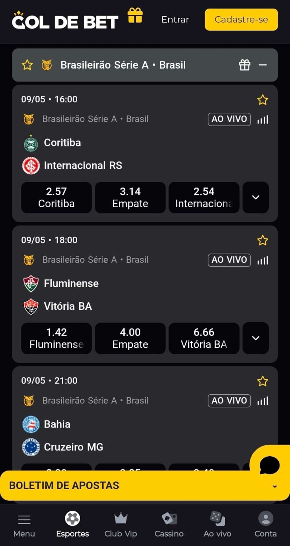 Captura de tela das apostas no Campeonato Brasileiro 2026 na Gol de Bet.