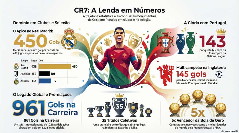 Balanço gráfico da carreira de Cristiano Ronaldo no futebol por clubes e seleção (Foto: NotebookLM)