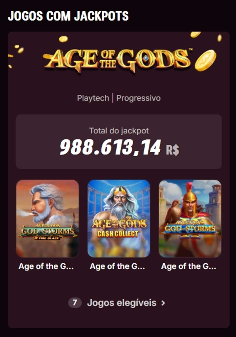 Jackpot progressivo Age of the Gods da Playtech com valor total acumulado