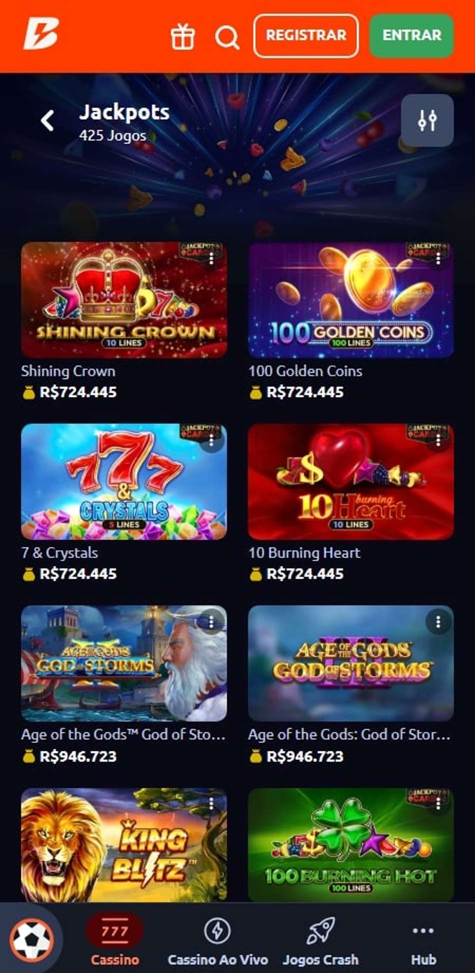Jackpots do cassino online Betano com slots como Shining Crown e Age of the Gods