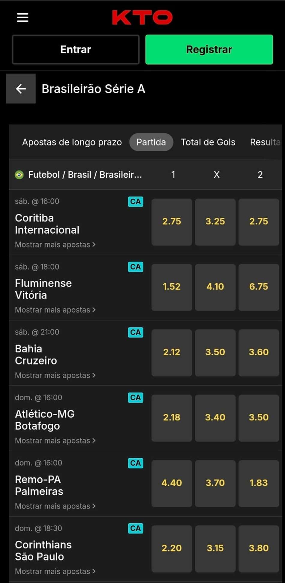 Captura de tela dos mercados de apostas no Brasileirão disponíveis na KTO.