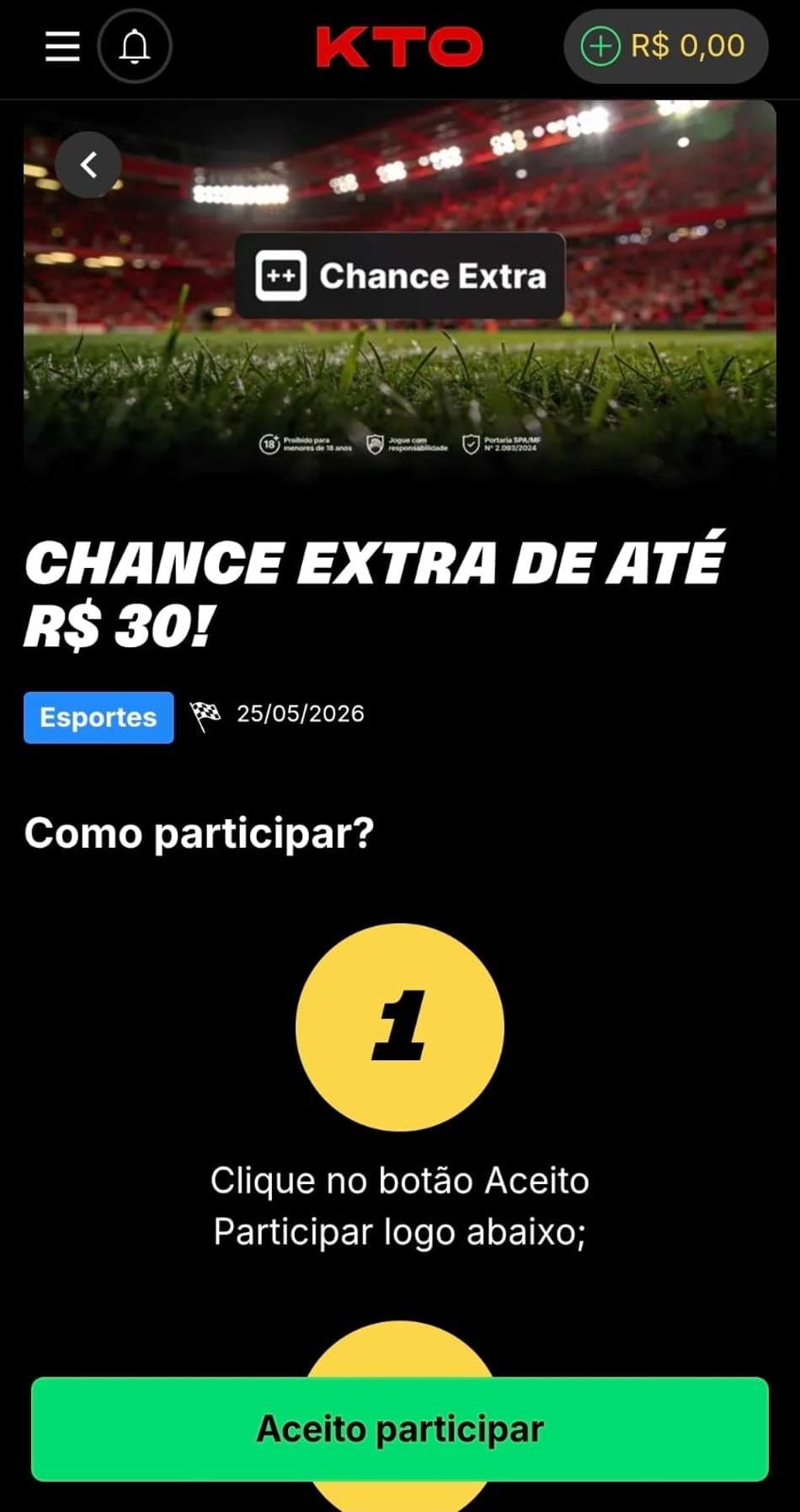 Captura de tela da oferta Chance Extra da KTO disponível para NBA, futebol e outros esportes.