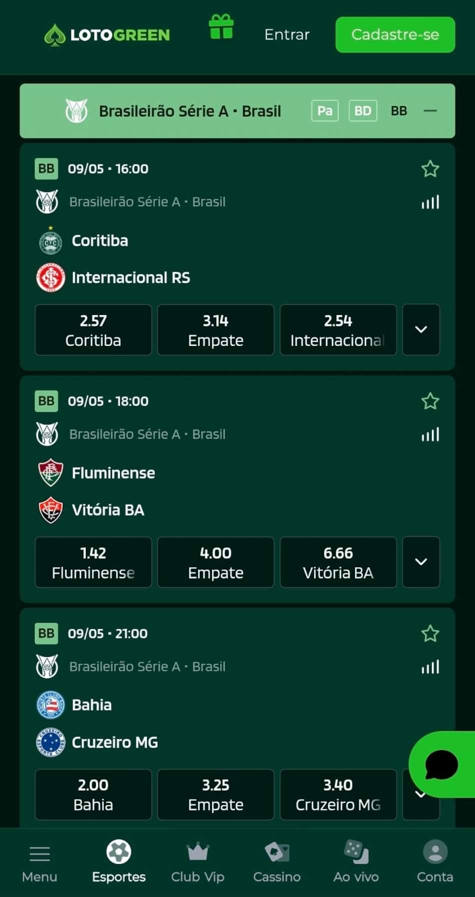 Captura de tela das apostas de no Brasileirão de 2026 exibindo jogos e recursos disponíveis para apostar.