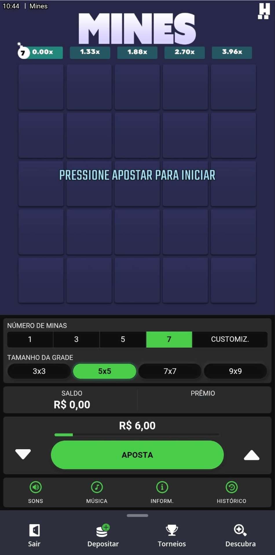 Captura de tela do jogo Mines da Hacksaw Gaming no cassino Betsson.