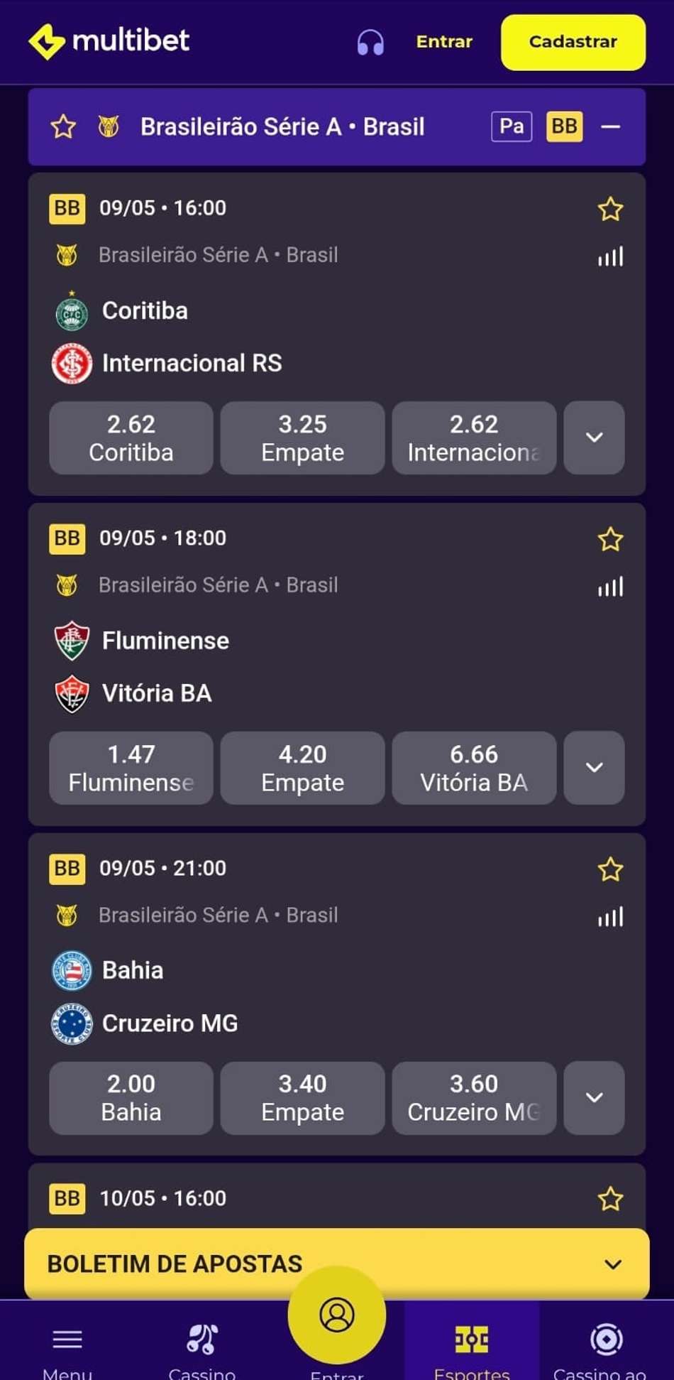 Captura de tela dos mercados de apostas disponíveis para palpites de curto prazo no Brasileirão na Multibet.