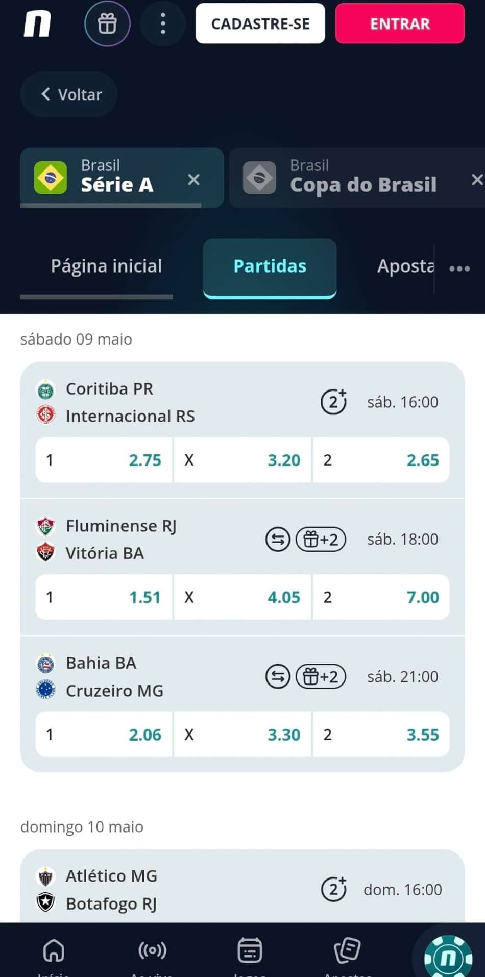 Captura de tela das opções de apostas no Brasileirão 2026 com os jogos da semana.
