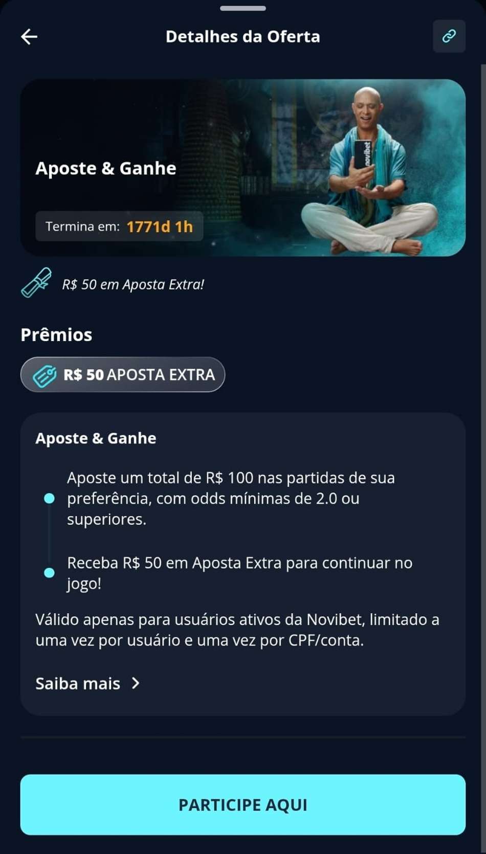 Captura de tela da oferta Aposte & Ganhe da Novibet com detalhes de participação, tempo disponível e botão para ativação.