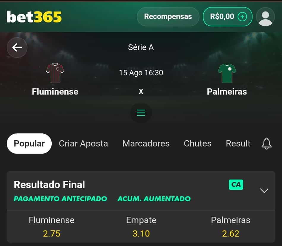 Captura de tela de uma partida do Brasileirão na bet365.