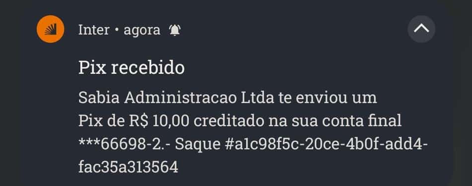 Captura de tela do pagamento recebido feito pela BR4BET.