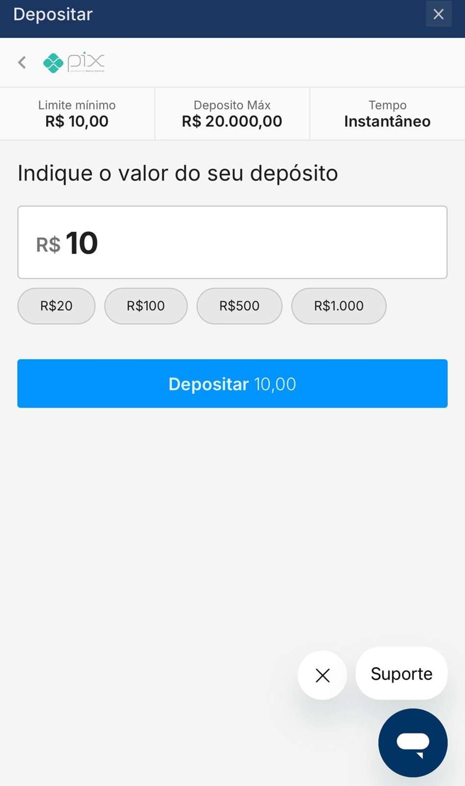 Captura da tela de depósito com Pix na Rivalo.