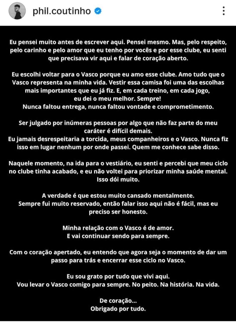 Publicação de Coutinho em suas redes sociais sobre a situação no Vasco (Foto: Reprodução)