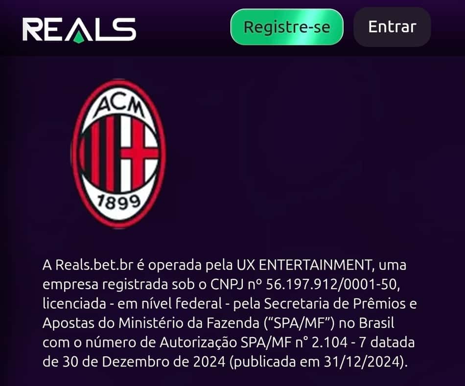 Captura de tela da seção de patrocínios da Reals Bet com o Milan.