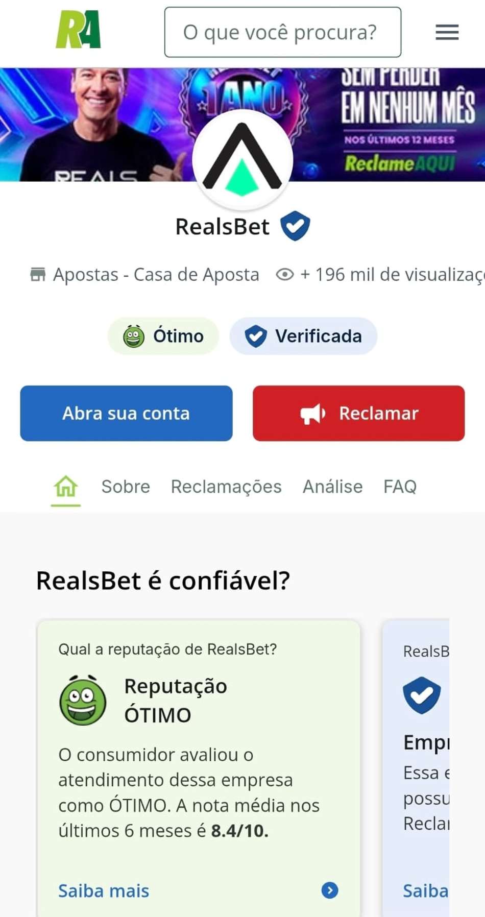 Captura de tela da Reals Bet no Reclame Aqui exibindo a nota de 8,4/10 nos últimos 6 meses.