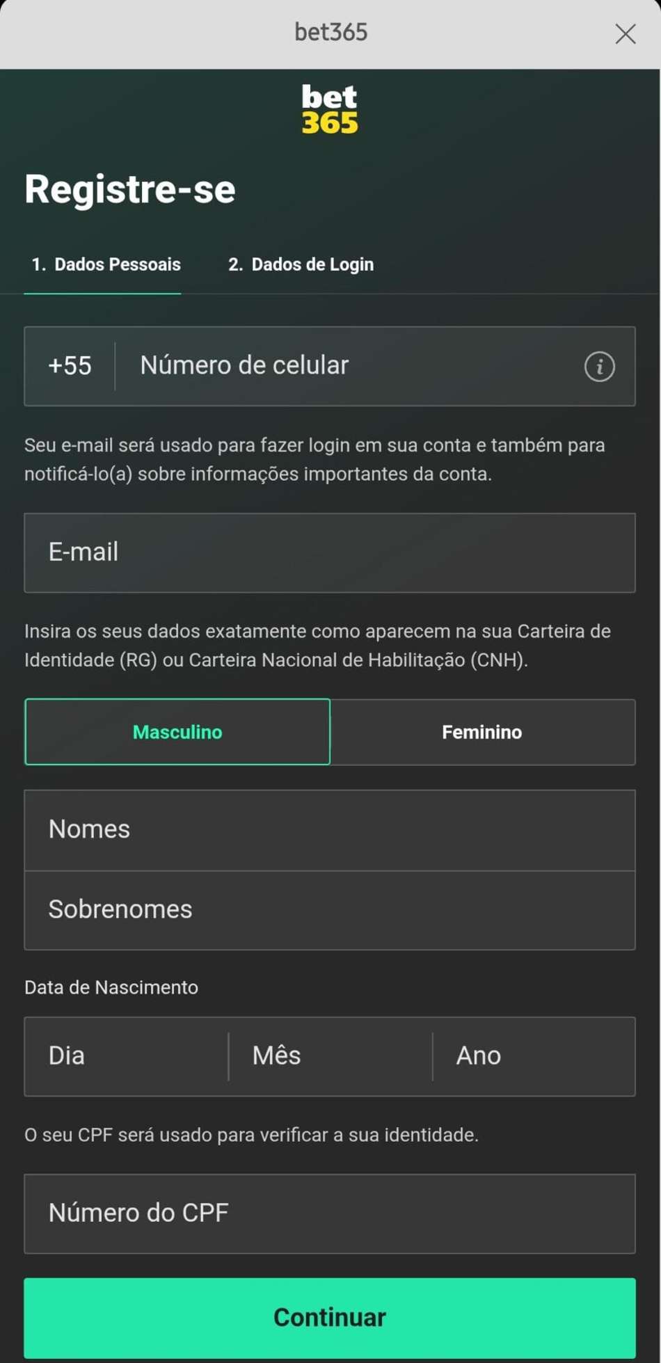 Captura de tela da página de cadastro da bet365 na versão mobile.