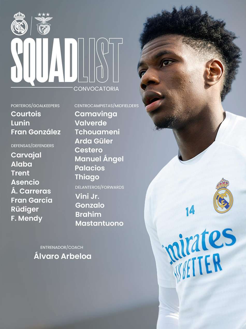 Real Madrid divulga lista de relacionados contra o Benfica na Champions (Foto: Divulgação/Real Madrid)