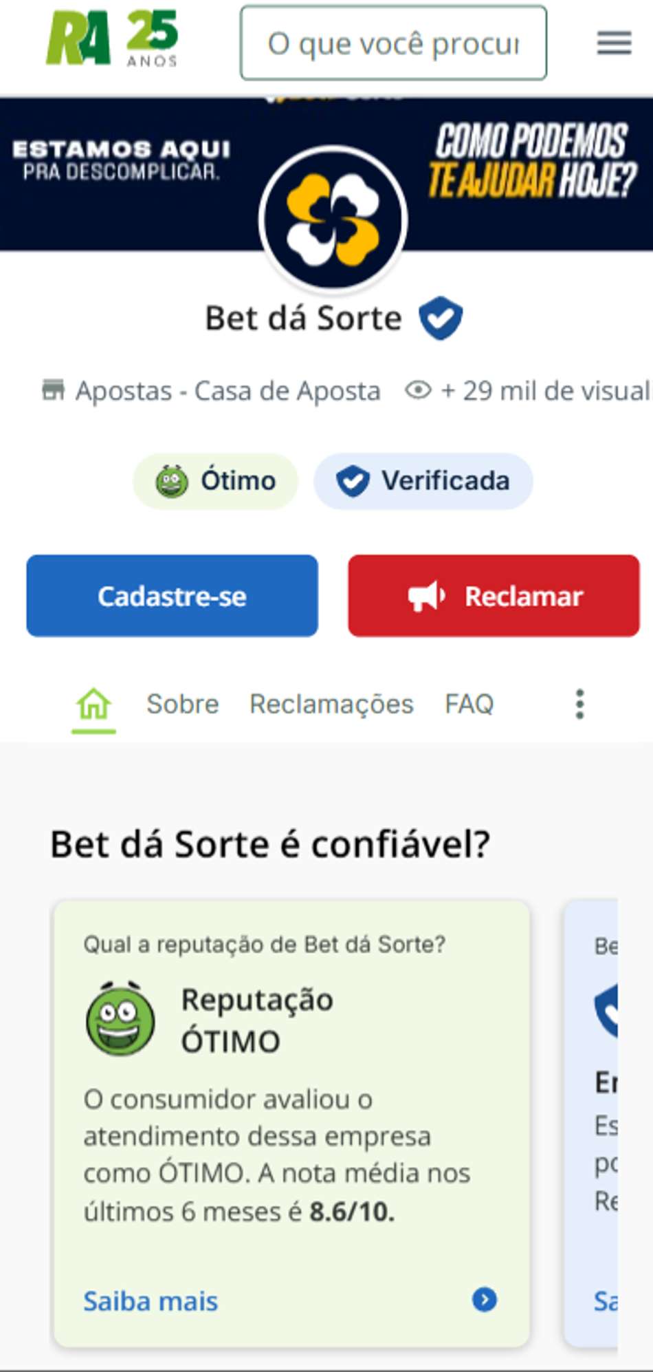 Perfil da Bet da Sorte no Reclame Aqui com reputação ótima e nota 8.6/10