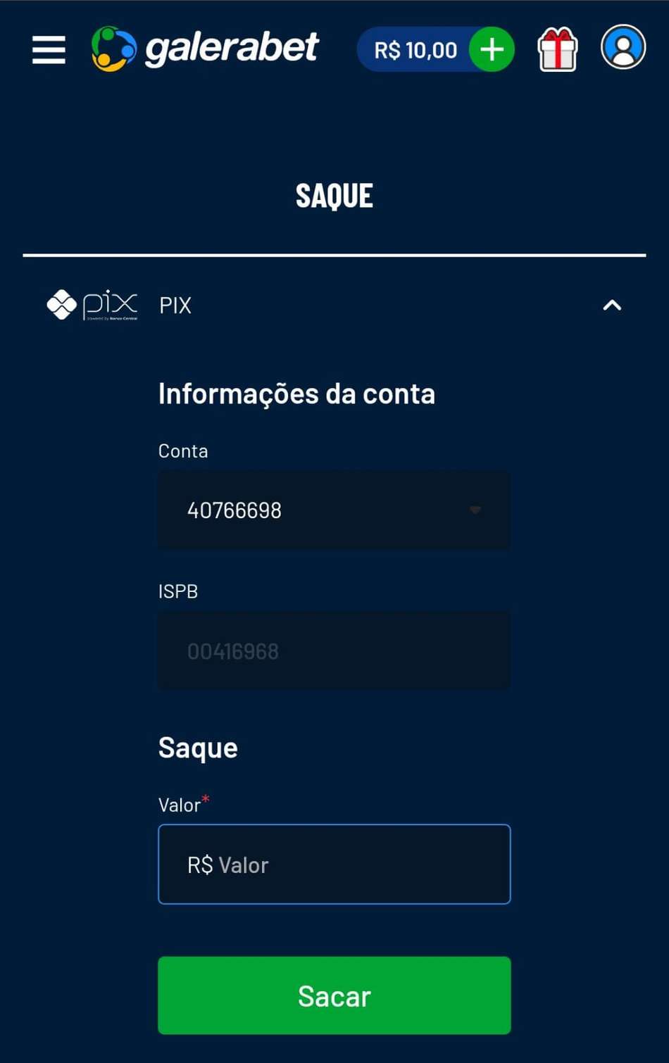 Saque na Galera bet com mínimo de R$30
