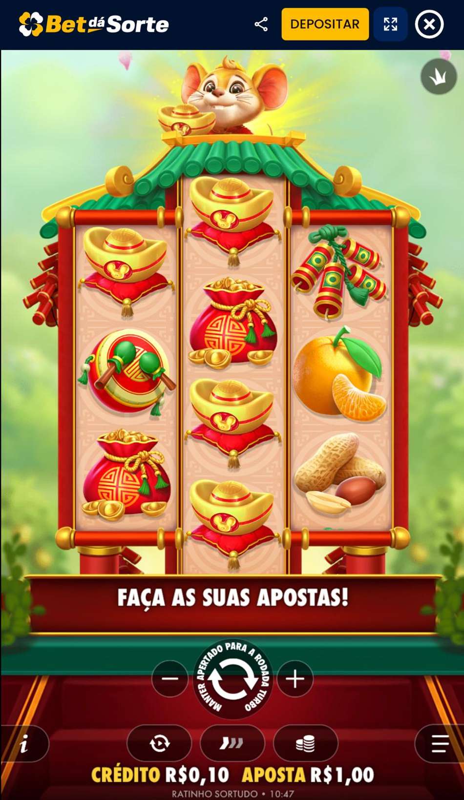 Captura de tela do slot Ratinho Sortudo na Bet Dá Sorte.