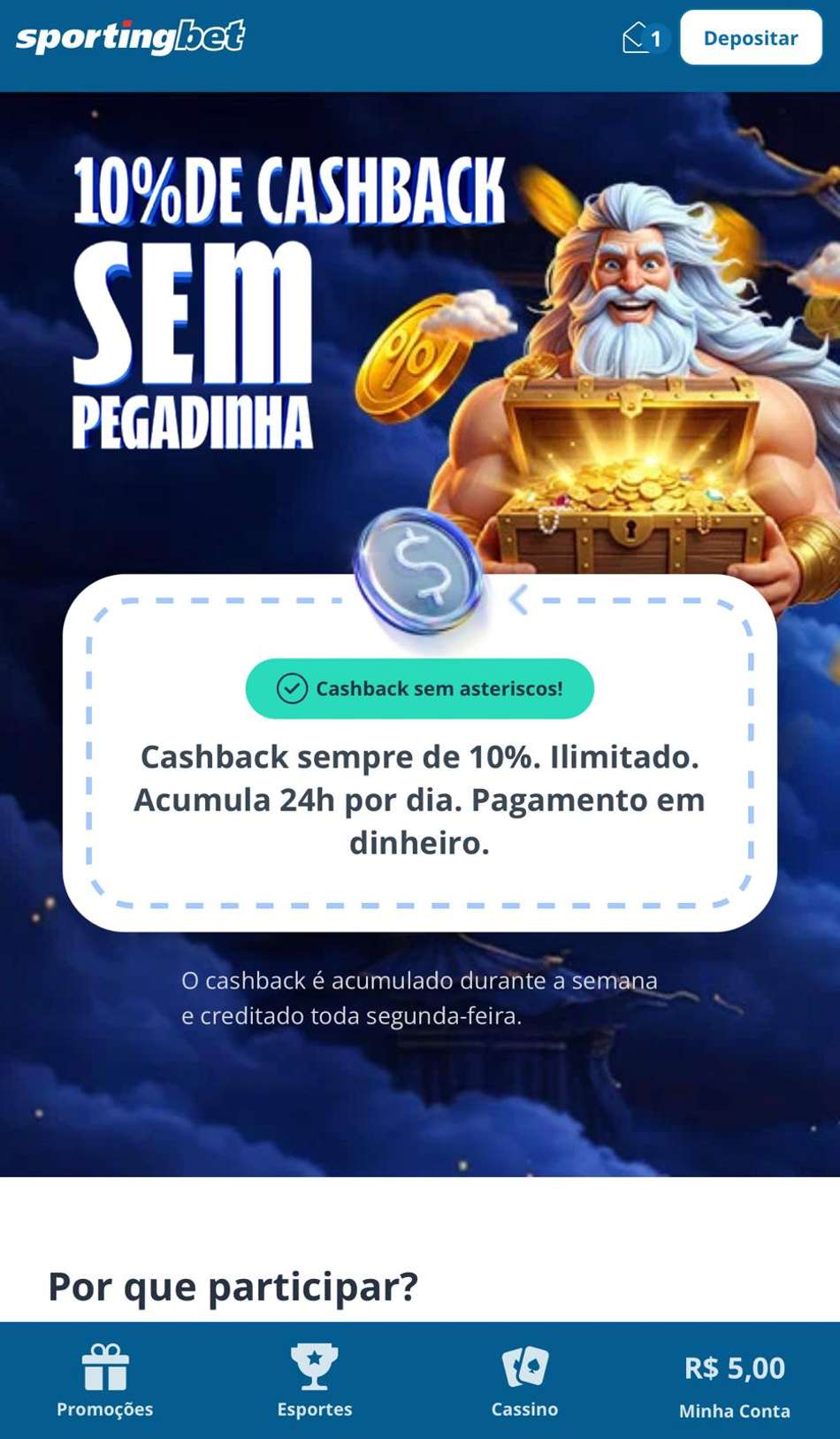 Captura da tela de promoção de cashback na Sportingbet.