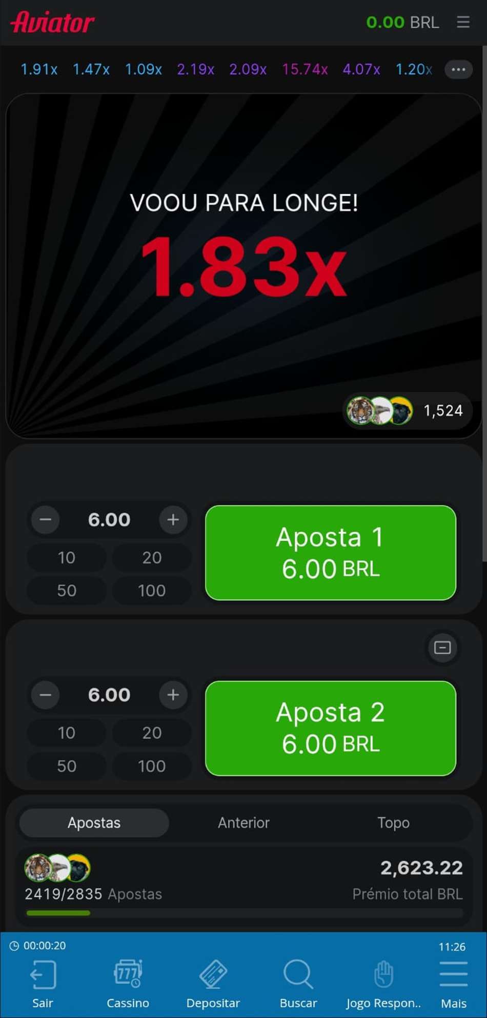 Captura de tela do Aviator no cassino Sportingbet.
