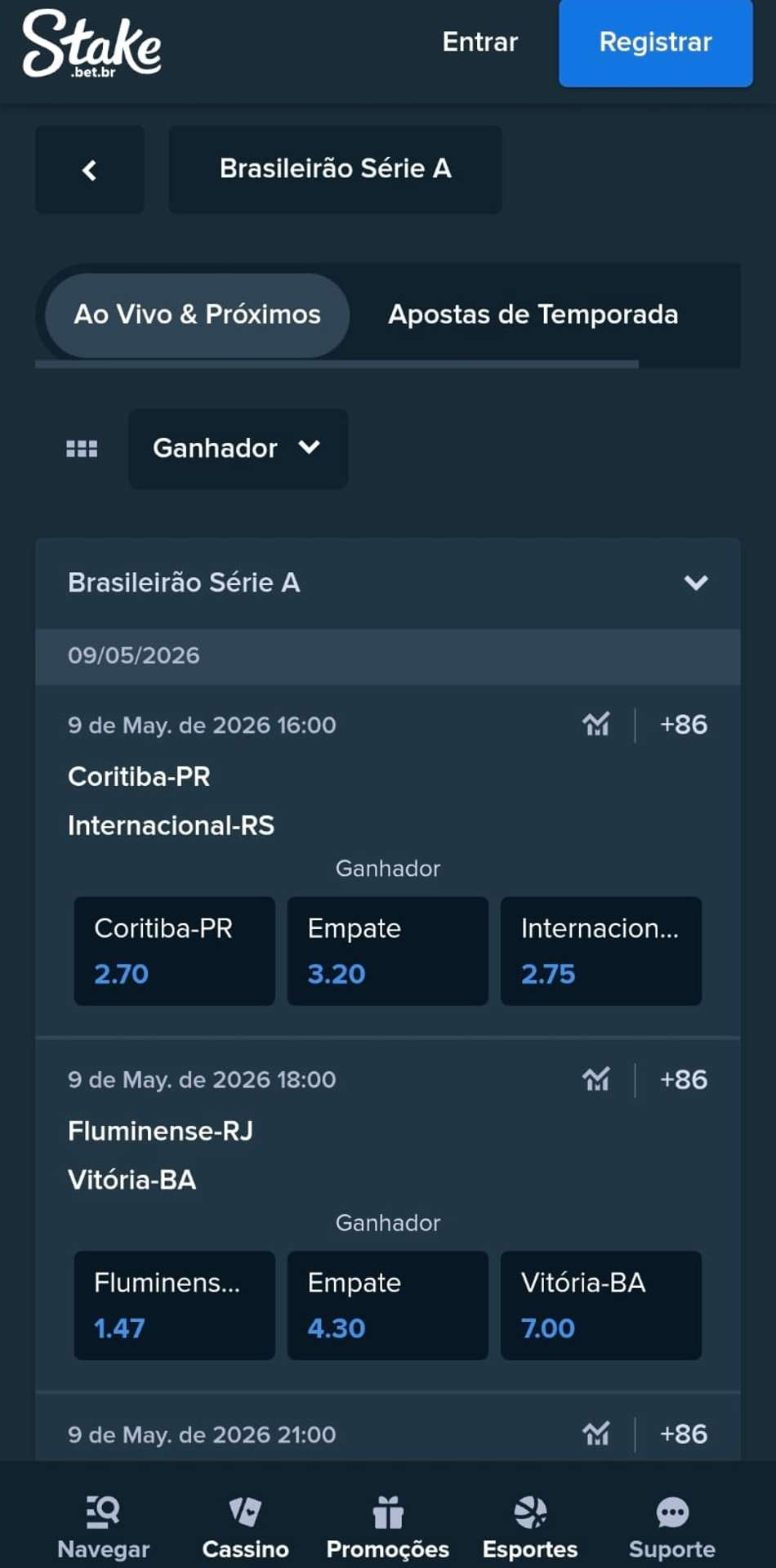 Captura de tela da Stake exibindo a seção de apostas no Brasileirão.
